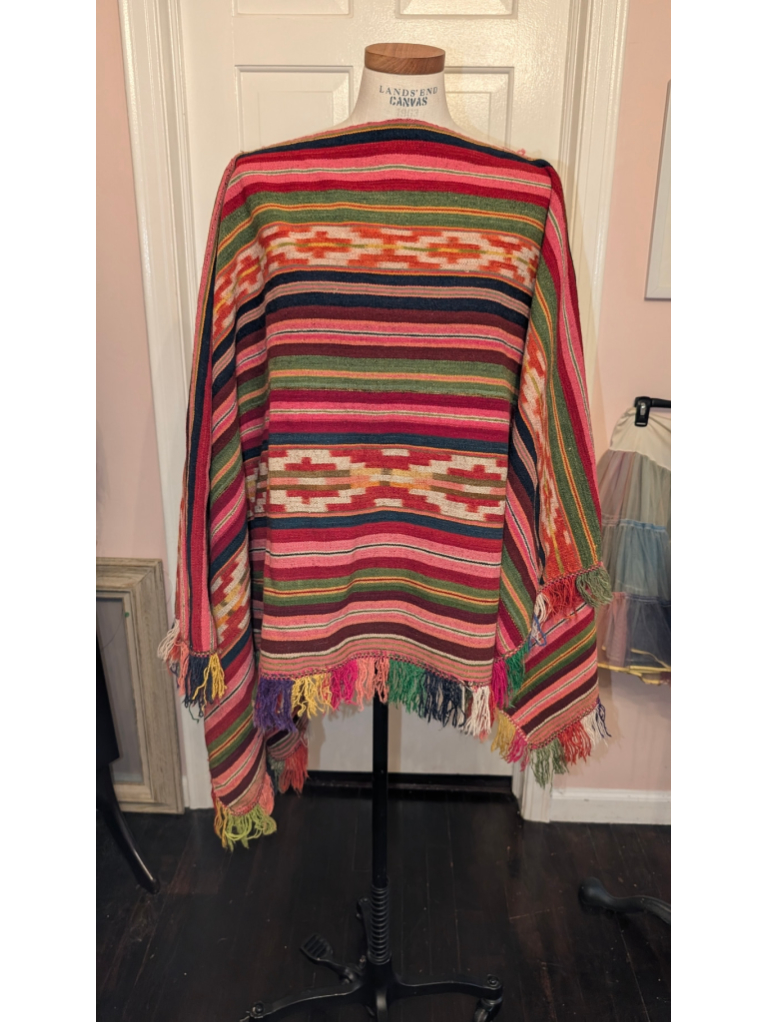 Vintage Unbranded Authentic Striped Poncho One Size Pink Green Multi-Color